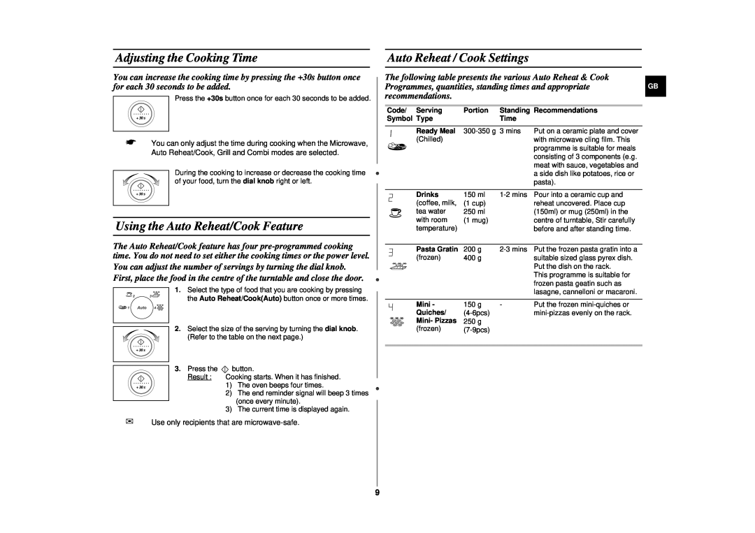 Samsung CE2777NT manual Adjusting the Cooking Time, Using the Auto Reheat/Cook Feature, Auto Reheat / Cook Settings 