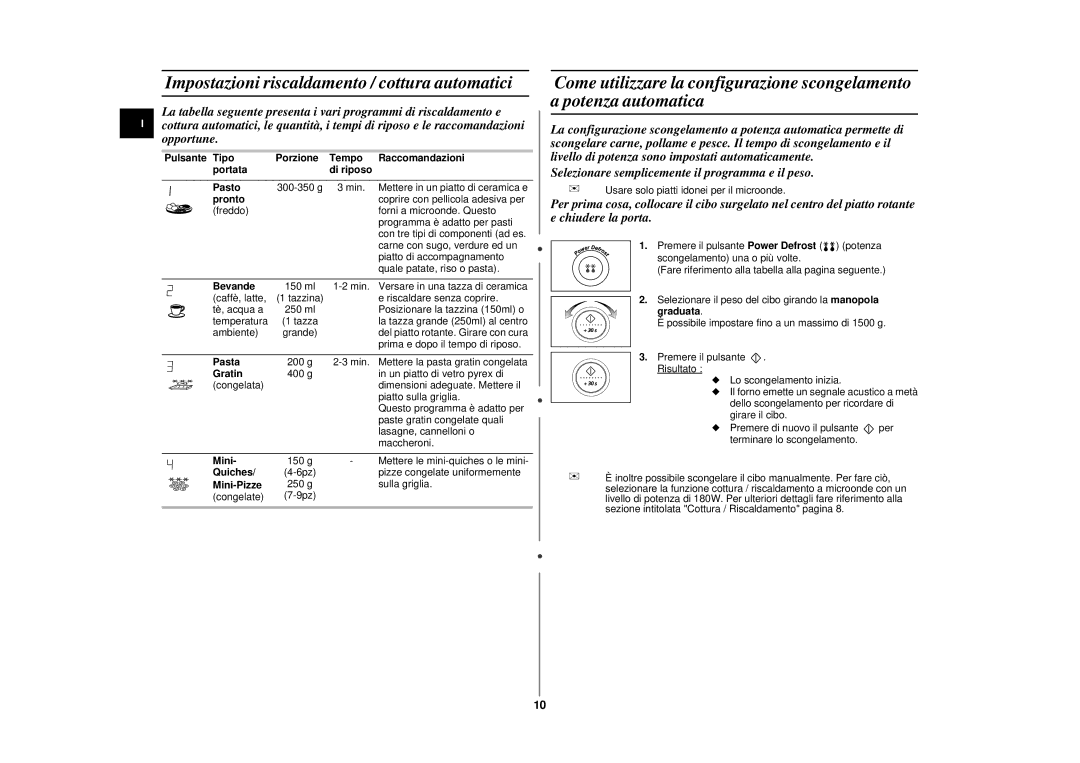 Samsung CE2777NT-S/XET, CE2777N/XET manual Impostazioni riscaldamento / cottura automatici 