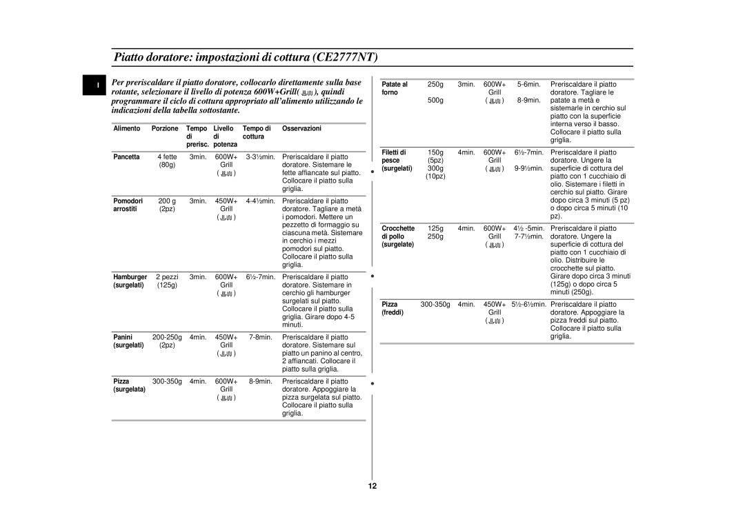 Samsung CE2777NT-S/XET, CE2777N/XET manual Piatto doratore impostazioni di cottura CE2777NT 