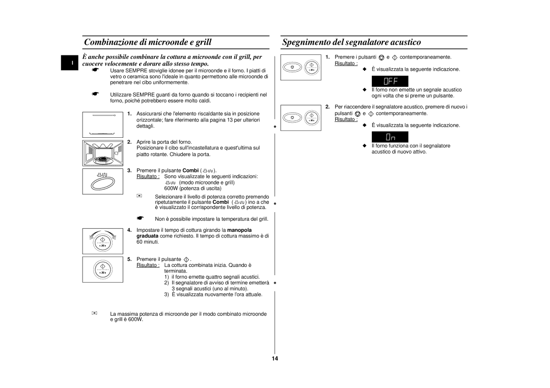 Samsung CE2777NT-S/XET, CE2777N/XET manual Combinazione di microonde e grill, Spegnimento del segnalatore acustico 