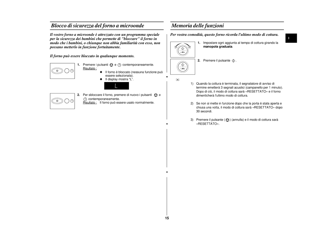 Samsung CE2777N/XET, CE2777NT-S/XET manual Blocco di sicurezza del forno a microonde, Memoria delle funzioni 