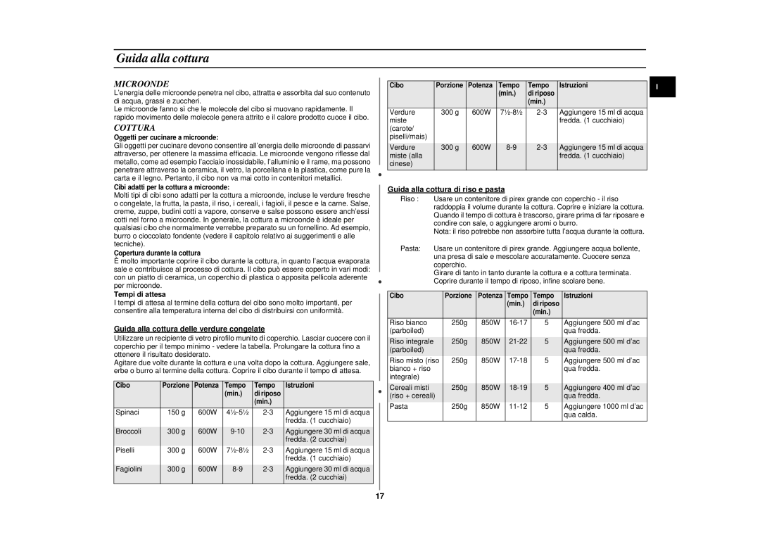 Samsung CE2777N/XET, CE2777NT-S/XET manual Guida alla cottura, Microonde, Cottura 