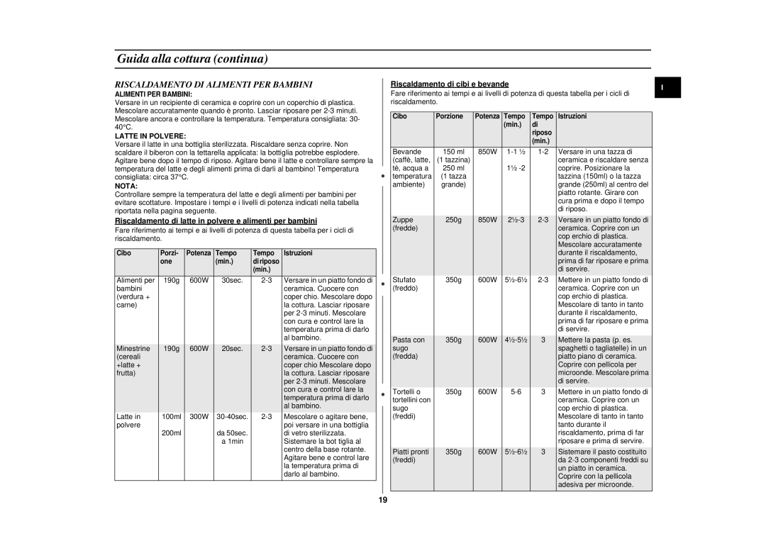 Samsung CE2777N/XET manual Riscaldamento DI Alimenti PER Bambini, Latte in Polvere, Nota, Riscaldamento di cibi e bevande 