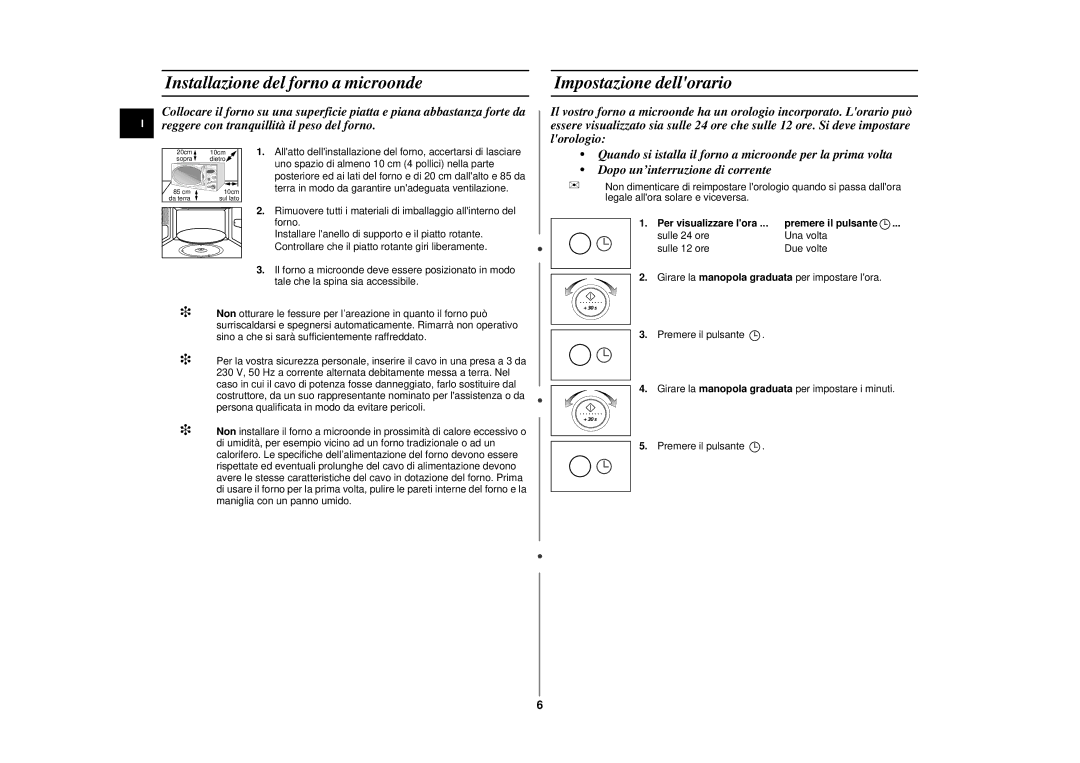 Samsung CE2777NT-S/XET, CE2777N/XET manual Installazione del forno a microonde, Impostazione dellorario 