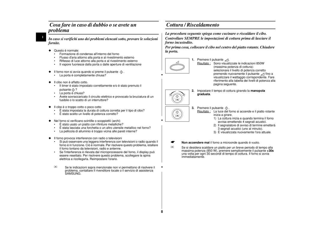 Samsung CE2777NT-S/XET, CE2777N/XET manual Cosa fare in caso di dubbio o se avete un problema, Cottura / Riscaldamento 