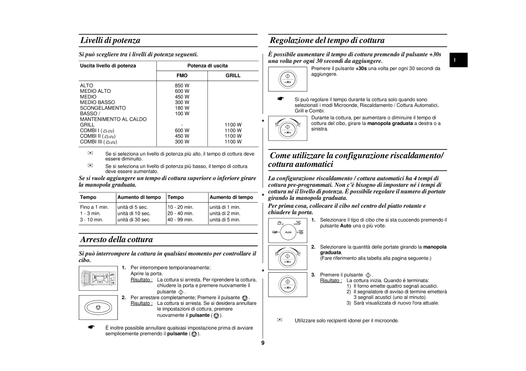 Samsung CE2777N/XET, CE2777NT-S/XET Livelli di potenza, Arresto della cottura, Regolazione del tempo di cottura, FMO Grill 