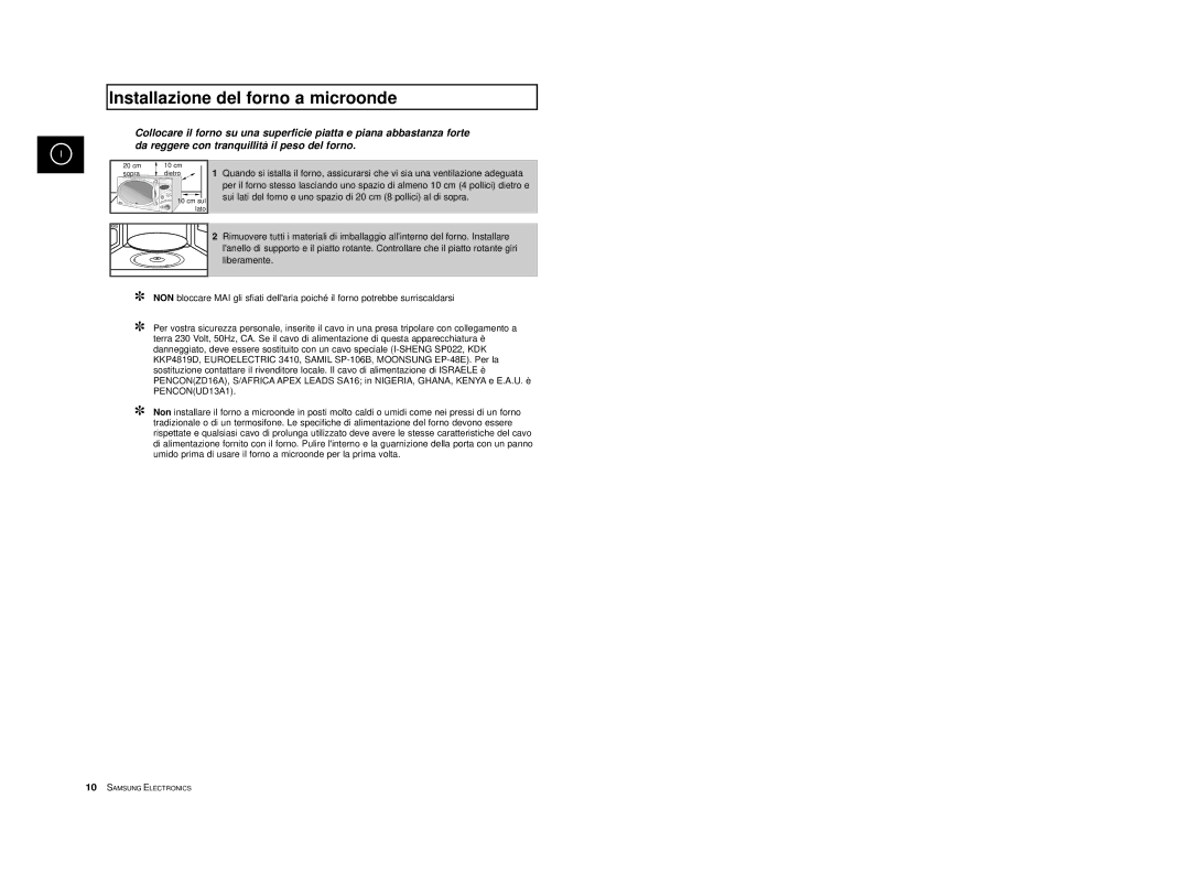 Samsung CE2777/XET manual Installazione del forno a microonde 