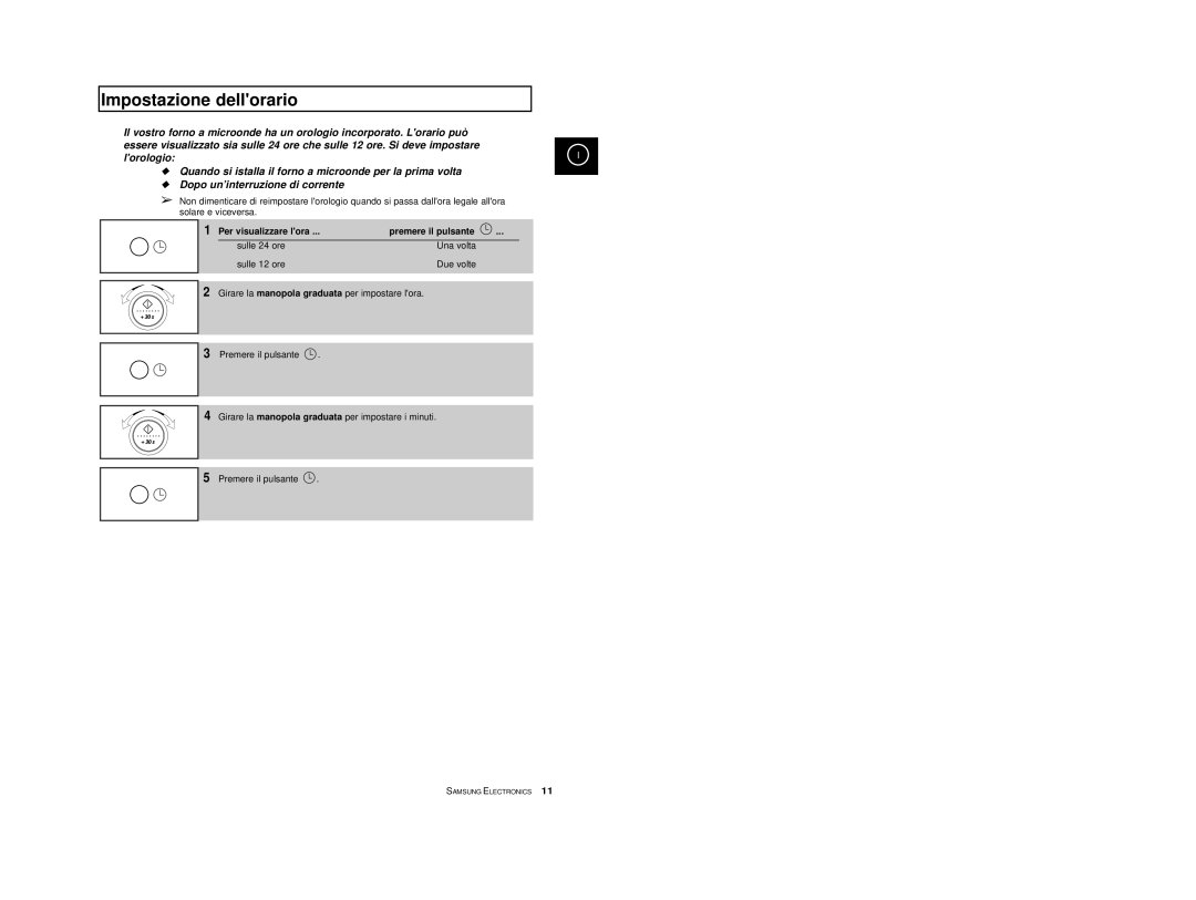 Samsung CE2777/XET manual Impostazione dellorario, Per visualizzare lora Premere il pulsante 