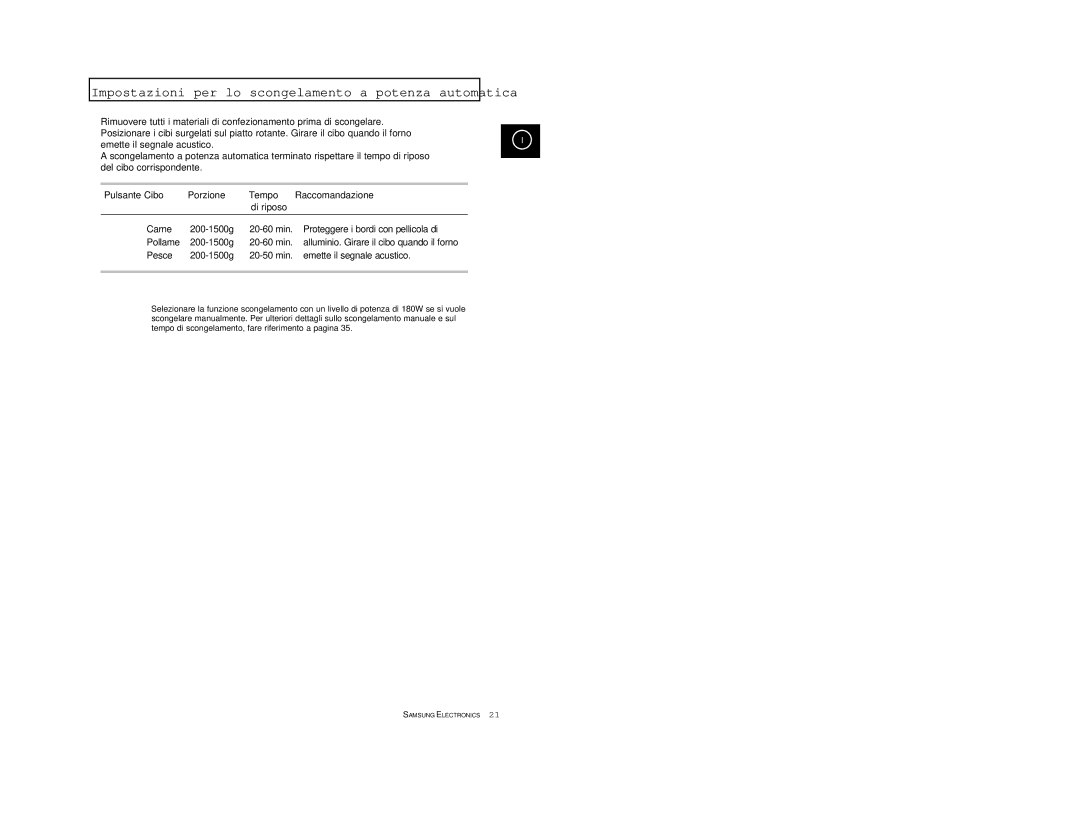 Samsung CE2777/XET manual Impostazioni per lo scongelamento a potenza automatica 