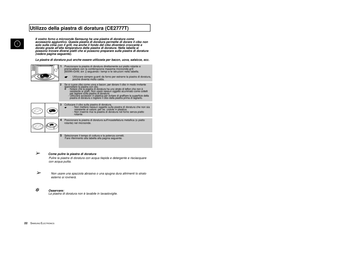 Samsung CE2777/XET manual Utilizzo della piastra di doratura CE2777T, Come pulire la piastra di doratura 