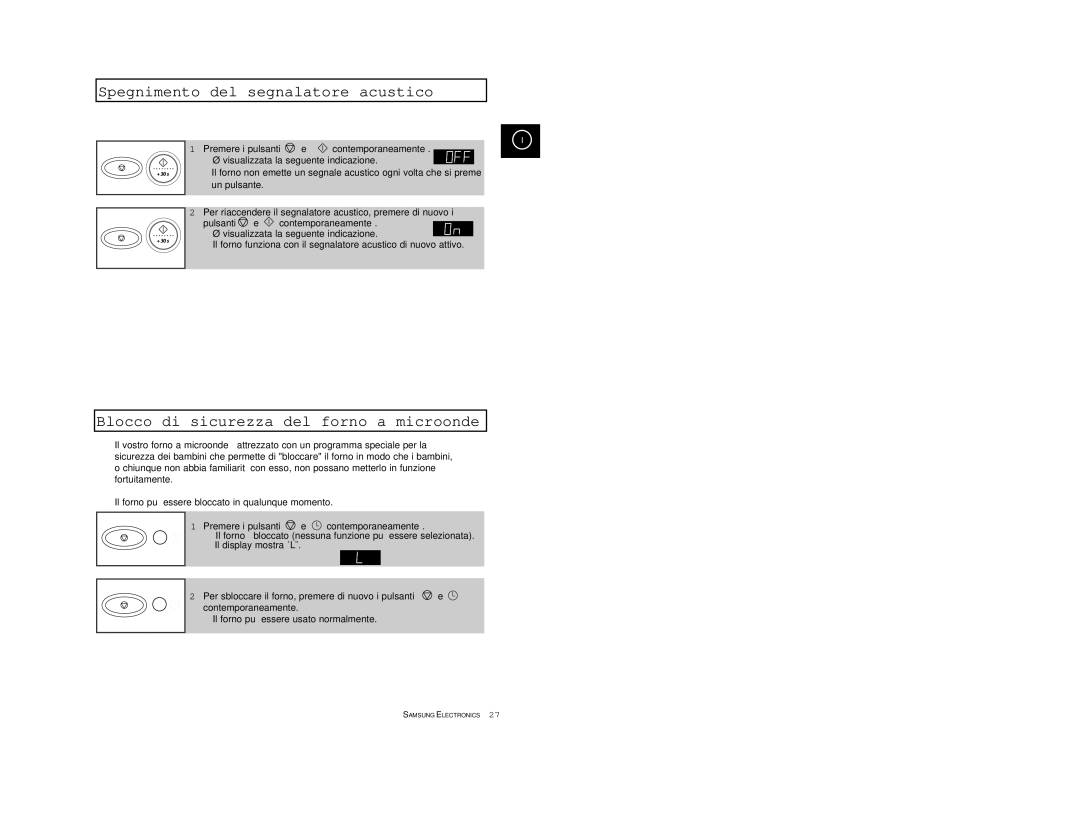 Samsung CE2777/XET manual Spegnimento del segnalatore acustico, Blocco di sicurezza del forno a microonde 