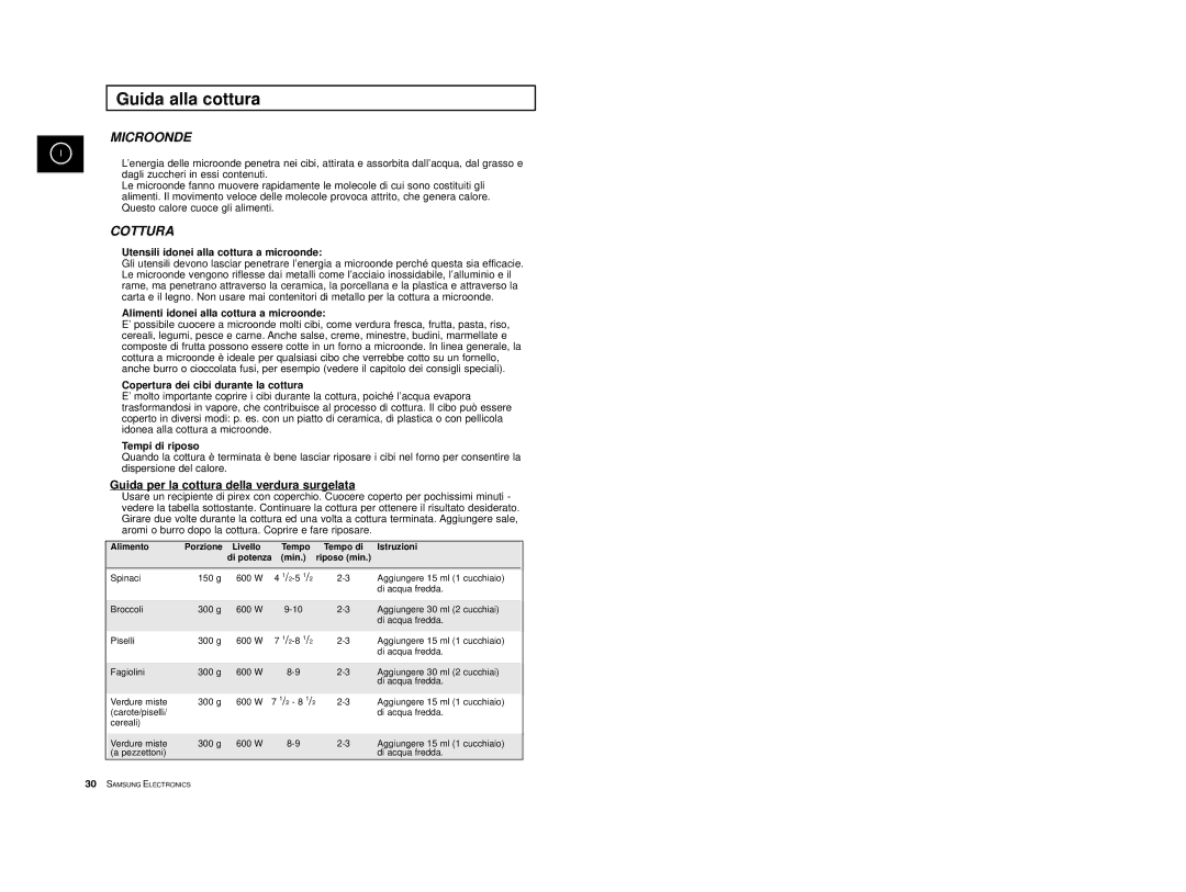 Samsung CE2777/XET manual Guida alla cottura, Guida per la cottura della verdura surgelata 