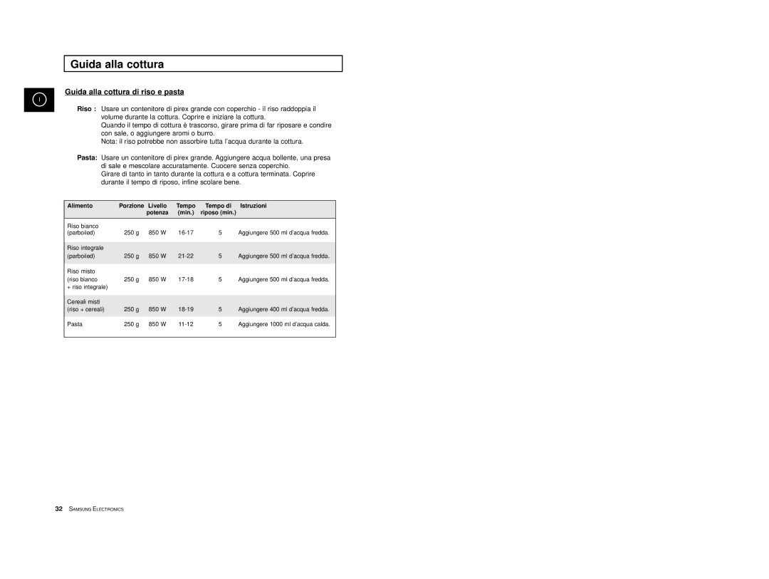 Samsung CE2777/XET manual Guida alla cottura di riso e pasta, Alimento Porzione Livello Tempo Tempo di Istruzioni 
