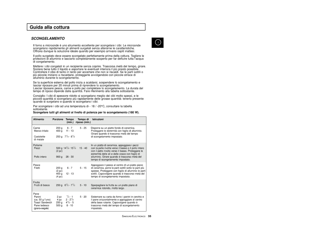 Samsung CE2777/XET manual Scongelamento, Alimento Porzione Tempo Tempo di Istruzioni Min. riposo min 