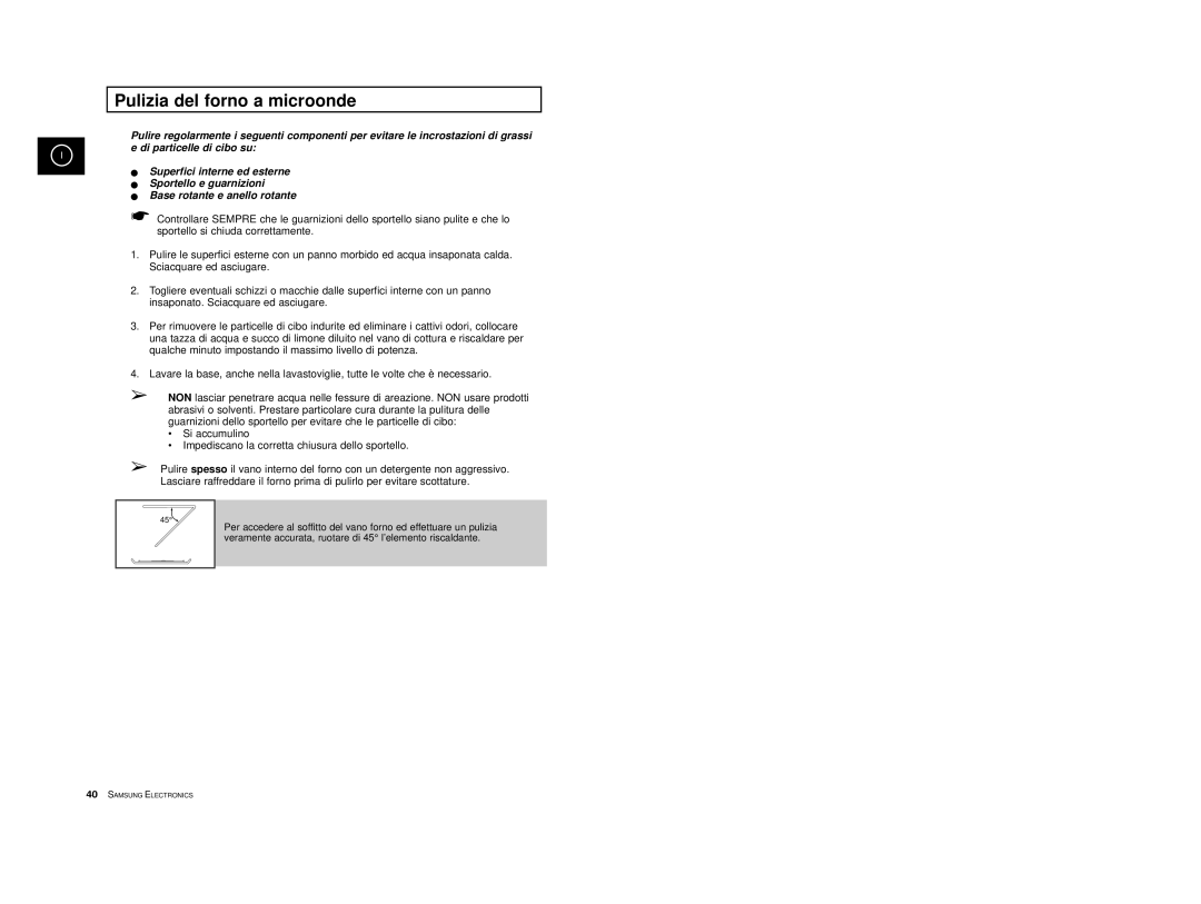 Samsung CE2777/XET manual Pulizia del forno a microonde 