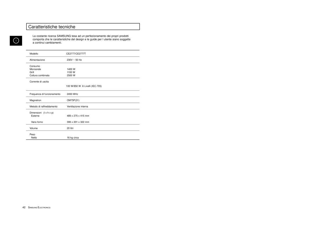 Samsung CE2777/XET manual Caratteristiche tecniche 