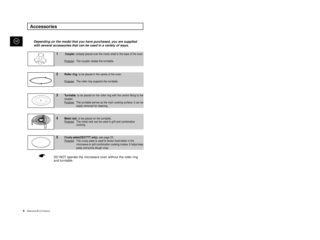 Samsung CE2777/XET manual Accessories, Crusty plateCE2777T only, see 