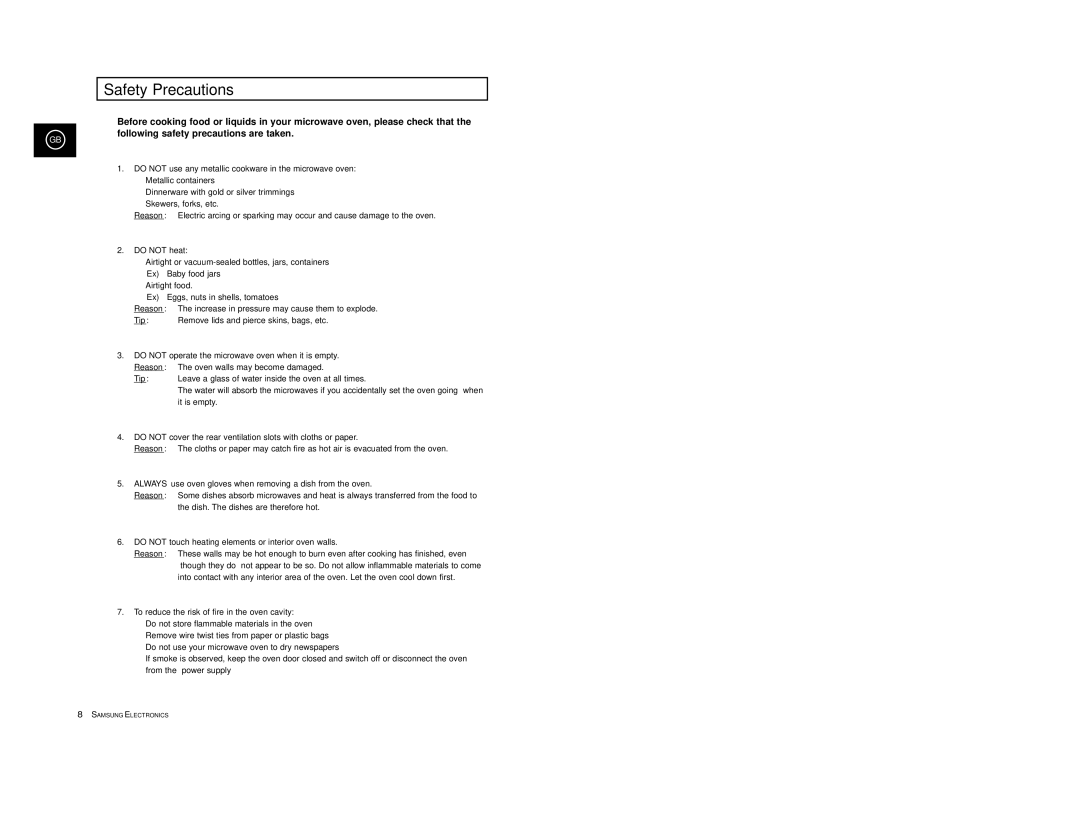 Samsung CE2777/XET manual Safety Precautions, Do not heat, Reason, Tip 