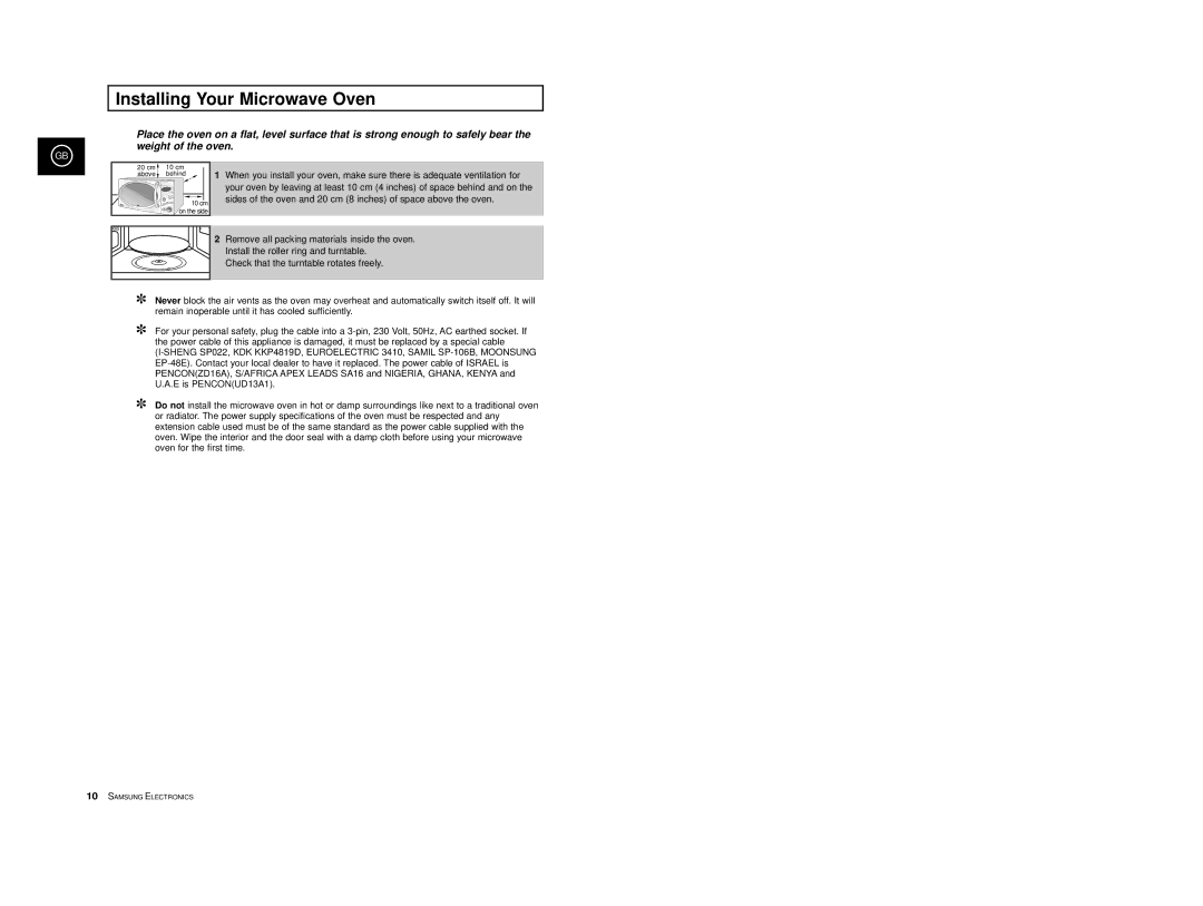 Samsung CE2777/XET manual Installing Your Microwave Oven 