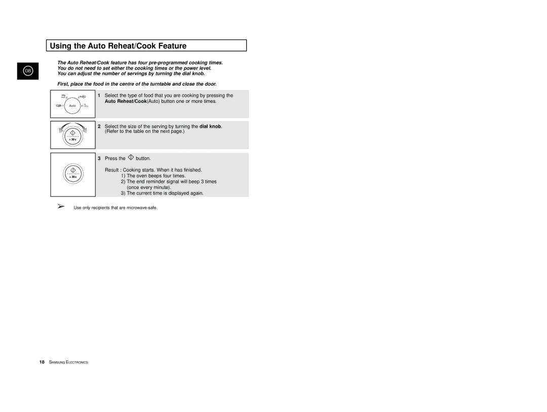 Samsung CE2777/XET manual Using the Auto Reheat/Cook Feature 