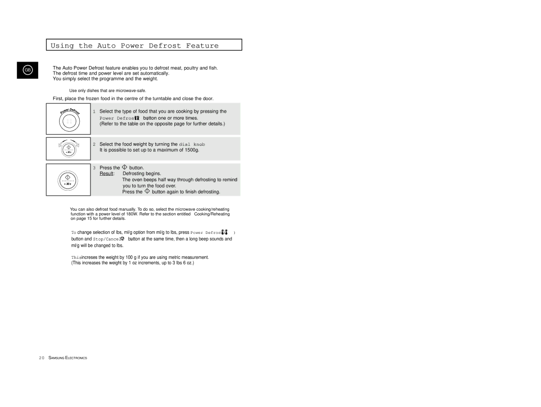 Samsung CE2777/XET manual Using the Auto Power Defrost Feature, Ml/g will be changed to lbs 