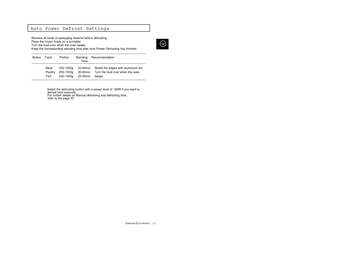 Samsung CE2777/XET manual Auto Power Defrost Settings, Recommendation 