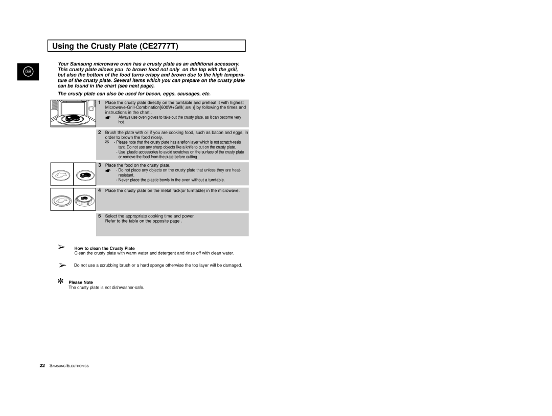 Samsung CE2777/XET manual Using the Crusty Plate CE2777T, How to clean the Crusty Plate, Please Note 