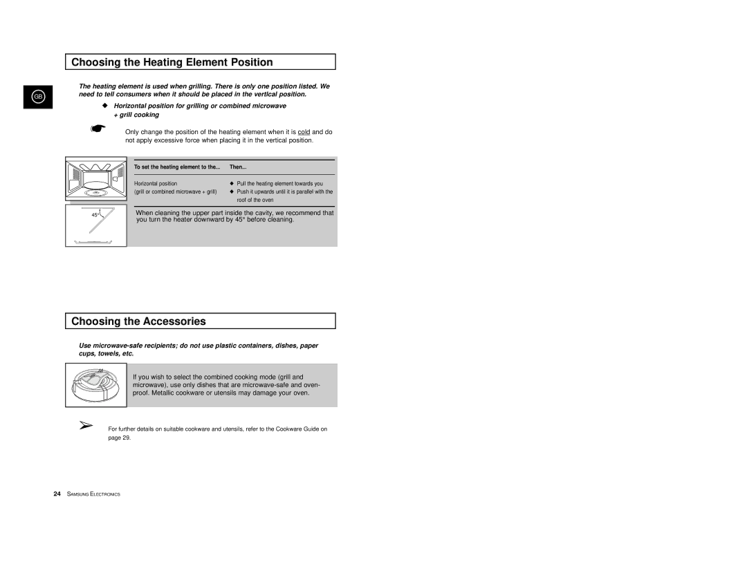 Samsung CE2777/XET manual Choosing the Heating Element Position, Choosing the Accessories, Then 