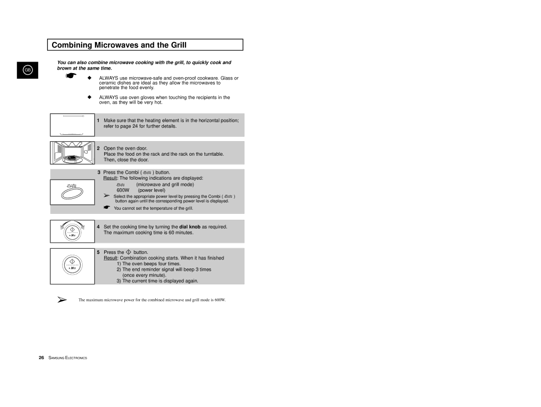 Samsung CE2777/XET manual Combining Microwaves and the Grill, Brown at the same time 