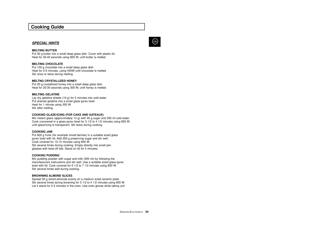 Samsung CE2777/XET manual Special Hints 