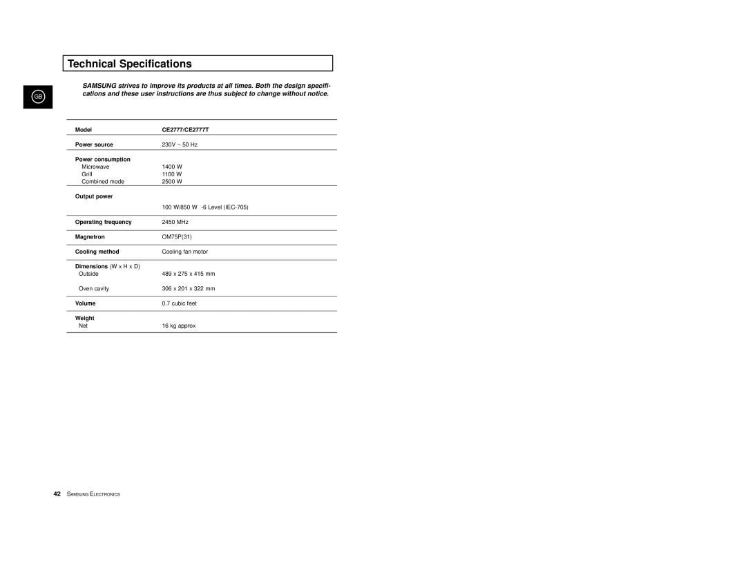 Samsung CE2777/XET manual Technical Specifications 