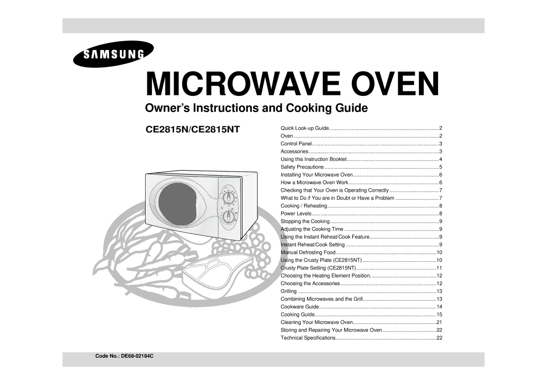 Samsung CE2815N/BOL manual Microwave Oven, Code No. DE68-02184C 