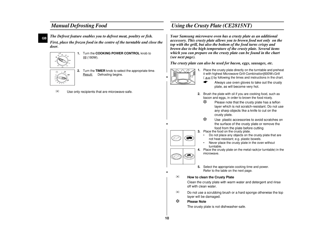 Samsung CE2815N/BOL Manual Defrosting Food, Using the Crusty Plate CE2815NT, How to clean the Crusty Plate, Please Note 