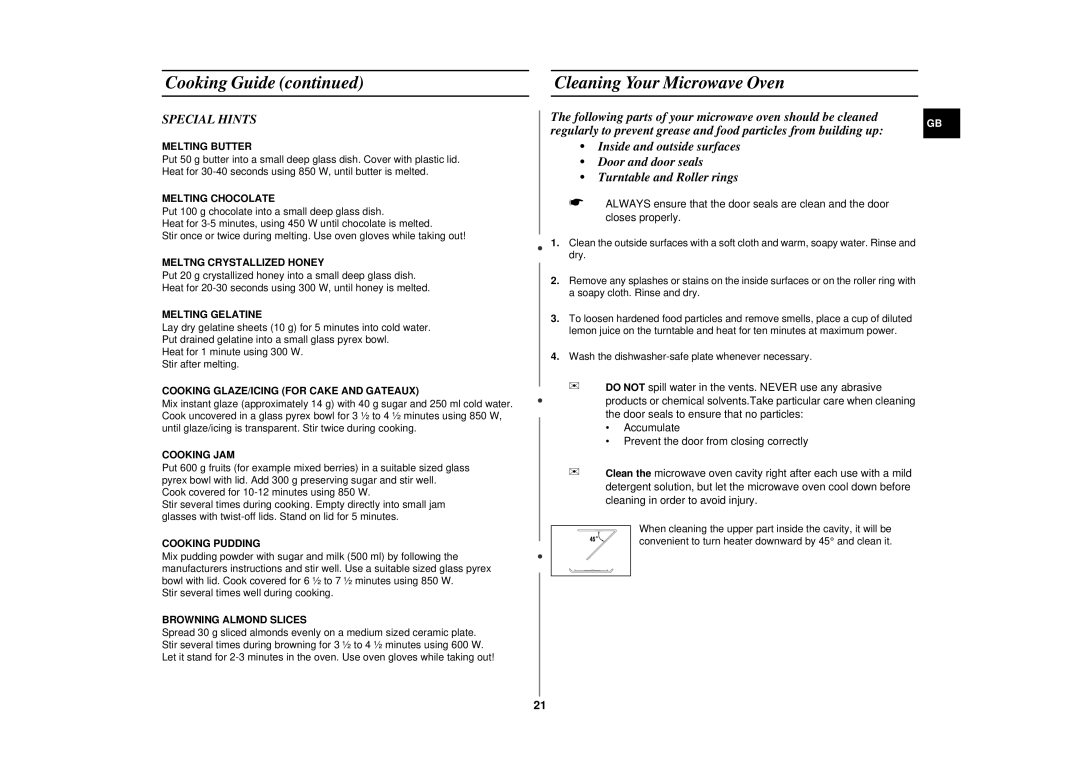 Samsung CE2815N/BOL manual Cleaning Your Microwave Oven, Special Hints 