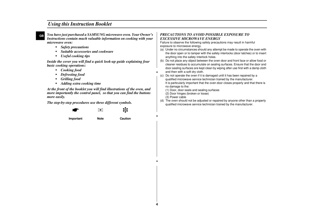 Samsung CE2815N/BOL manual Using this Instruction Booklet, ImportantNoteCaution 