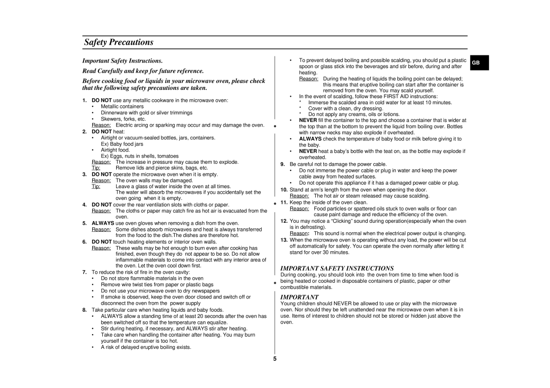 Samsung CE2815N/BOL manual Safety Precautions, Important Safety Instructions, Do not heat 