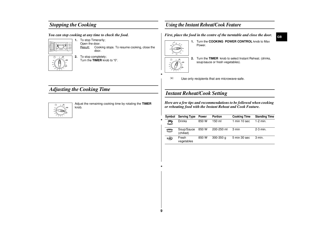 Samsung CE2815N/BOL manual Stopping the Cooking, Adjusting the Cooking Time, Instant Reheat/Cook Setting 