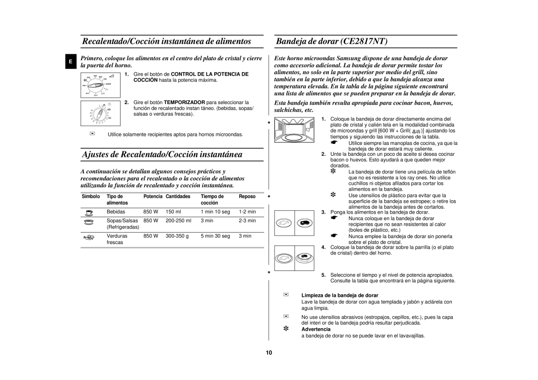 Samsung CE2817N/XEC Recalentado/Cocción instantánea de alimentos, Ajustes de Recalentado/Cocción instantánea, Advertencia 