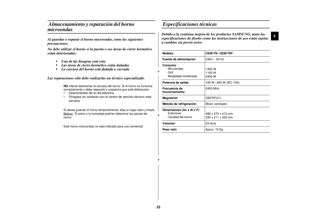 Samsung CE2817N/XEC manual Almacenamiento y reparación del horno microondas, Especificaciones técnicas 