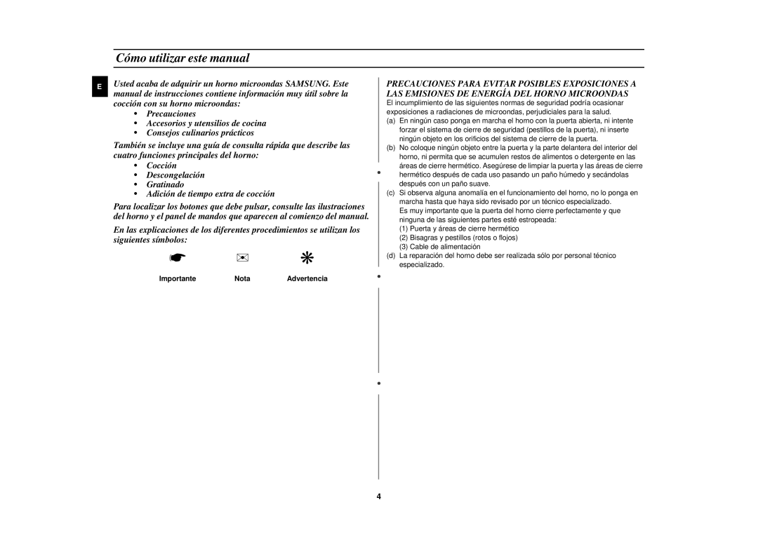 Samsung CE2817N/XEC Cómo utilizar este manual, ImportanteNotaAdvertencia 