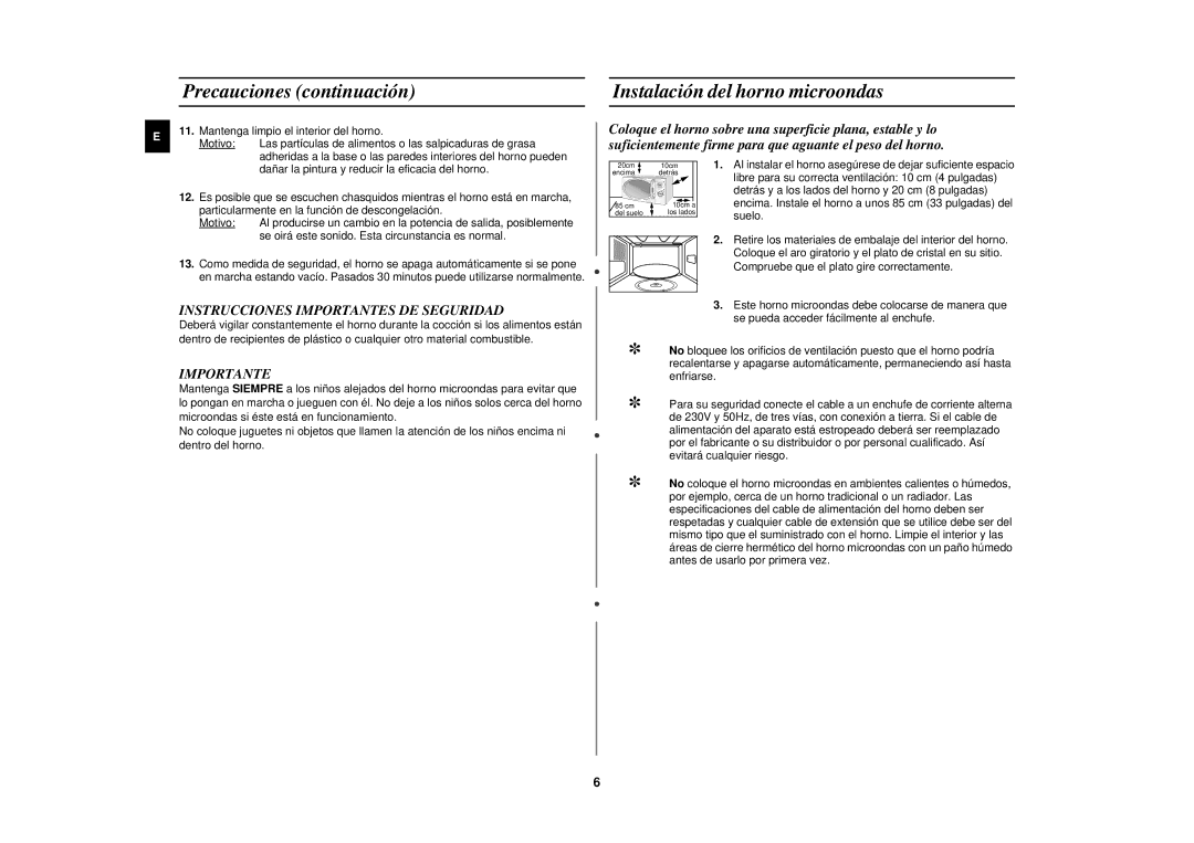 Samsung CE2817N/XEC Precauciones continuación Instalación del horno microondas, Instrucciones Importantes DE Seguridad 