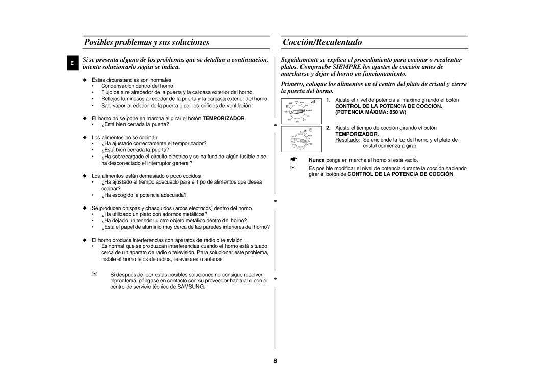 Samsung CE2817N/XEC manual Cocción/Recalentado, Control DE LA Potencia DE COCCIÓN. Potencia Máxima 850 W, Temporizador 