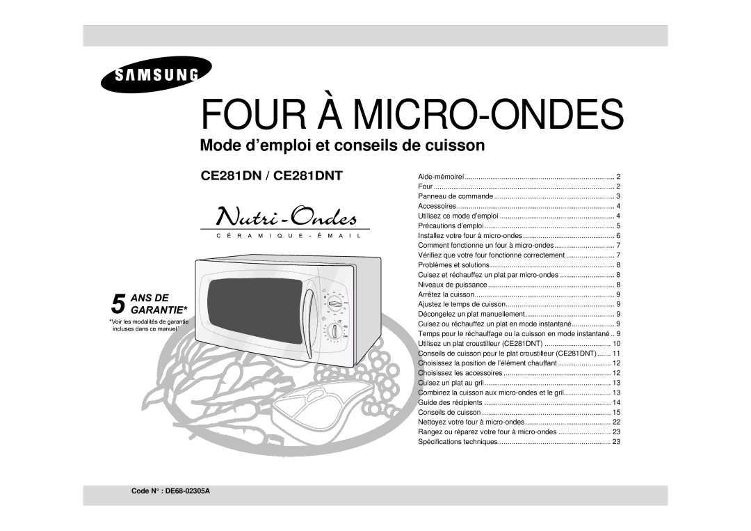 Samsung CE281DN/XEF, CE281DN-Y/XEF manual Four À MICRO-ONDES, Code N DE68-02305A 