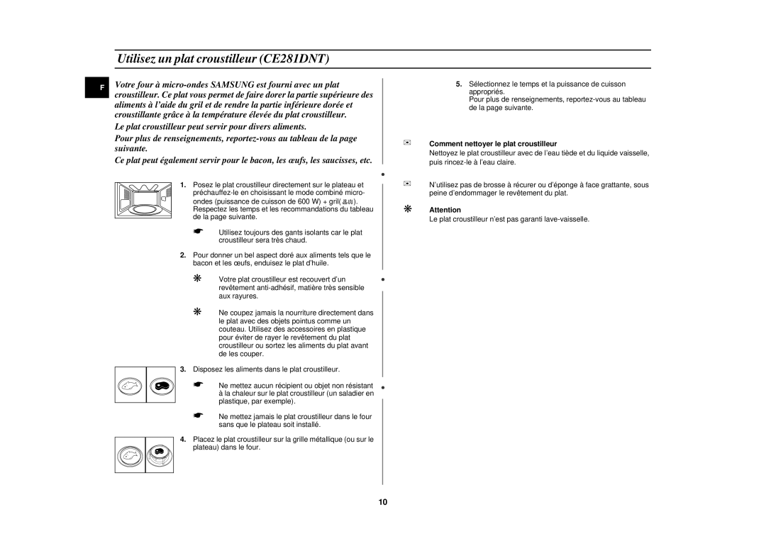 Samsung CE281DN-Y/XEF, CE281DN/XEF manual Utilisez un plat croustilleur CE281DNT, Comment nettoyer le plat croustilleur 