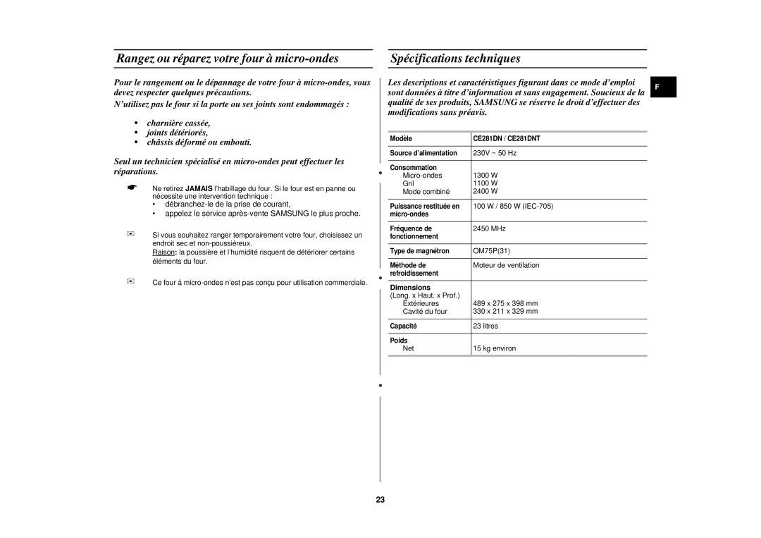 Samsung CE281DN/XEF, CE281DN-Y/XEF manual Rangez ou réparez votre four à micro-ondes, Spécifications techniques, Dimensions 