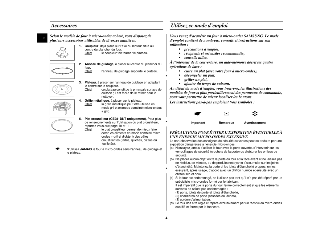 Samsung CE281DN-Y/XEF, CE281DN/XEF manual Accessoires Utilisez ce mode d’emploi, Important Remarque Avertissement 