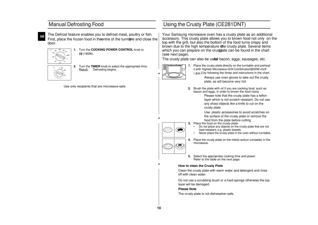 Samsung CE281DN/BOL manual Manual Defrosting Food, Using the Crusty Plate CE281DNT,  How to clean the Crusty Plate 