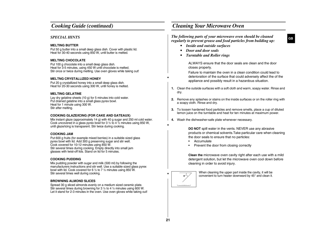 Samsung CE281DN/BOL manual Cleaning Your Microwave Oven, Special Hints 