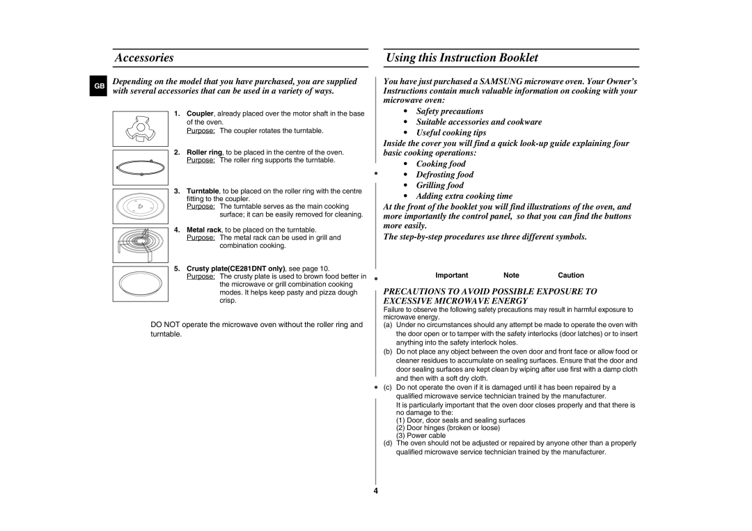 Samsung CE281DN/BOL Accessories, Using this Instruction Booklet, Crusty plateCE281DNT only, see, Important Note Caution 