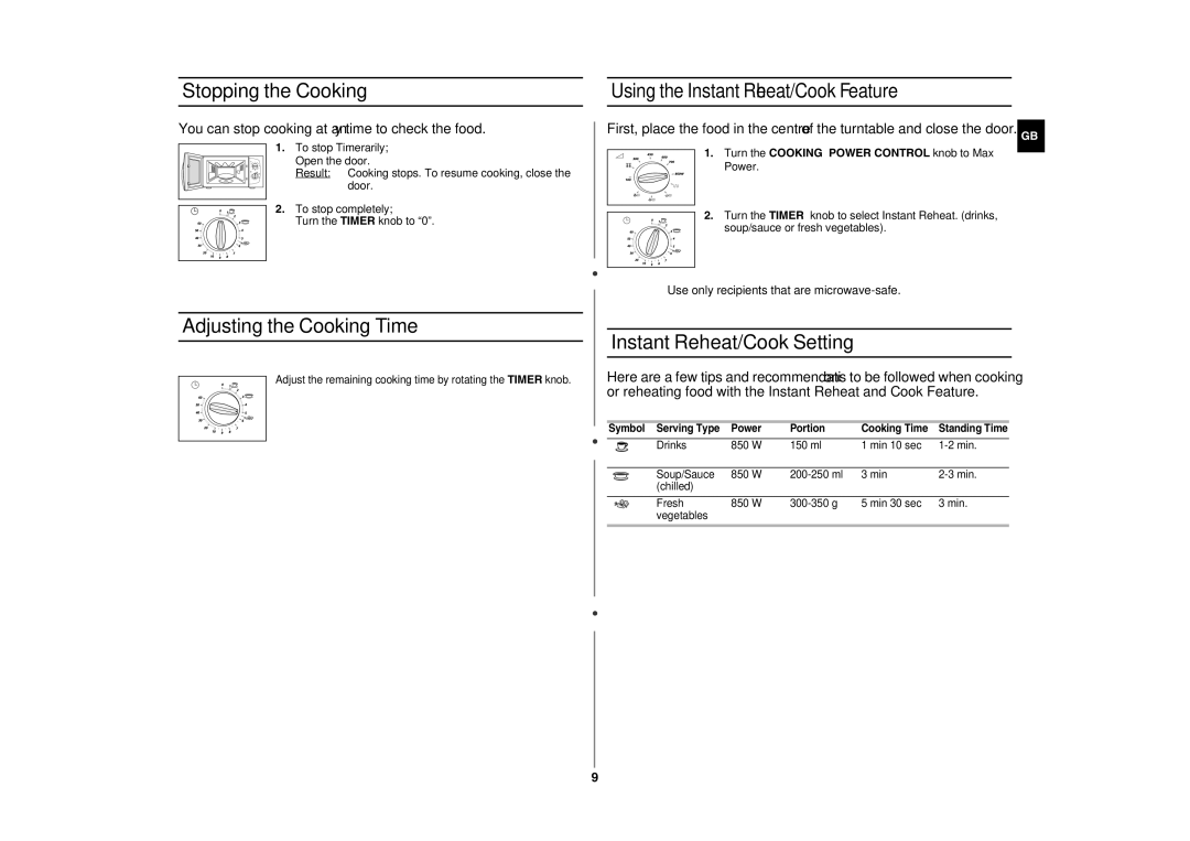 Samsung CE281DN/BOL manual Stopping the Cooking, Adjusting the Cooking Time, Instant Reheat/Cook Setting 